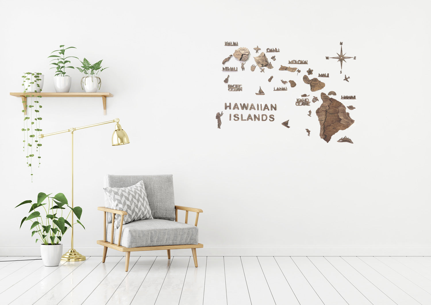 3D Wood Hawaiian Islands Map 壁掛け木製ハワイ諸島地図【翌日出荷】