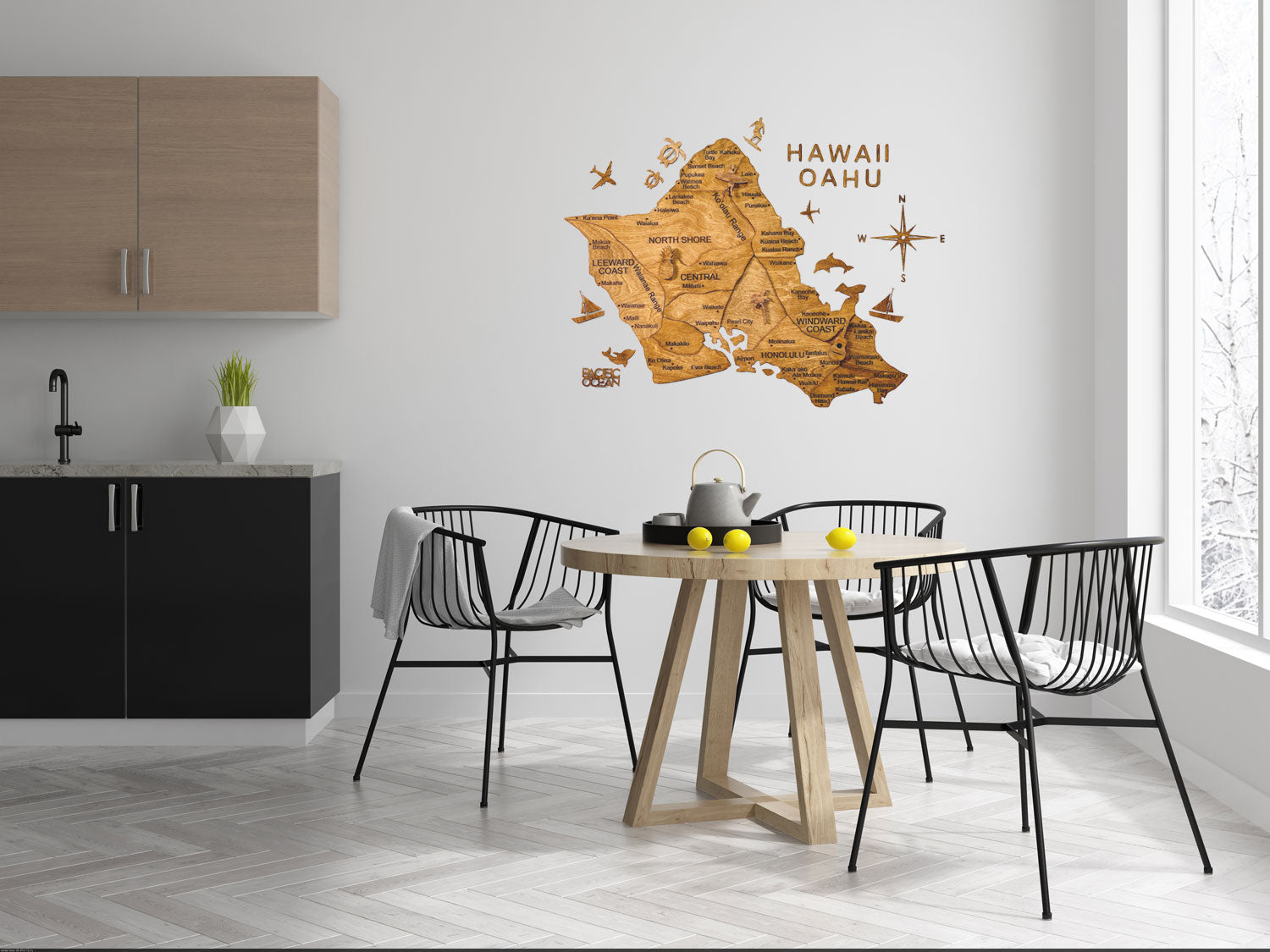 3D Wood Hawaii Oahu Map 壁掛け木製ハワイ地図【翌日出荷】