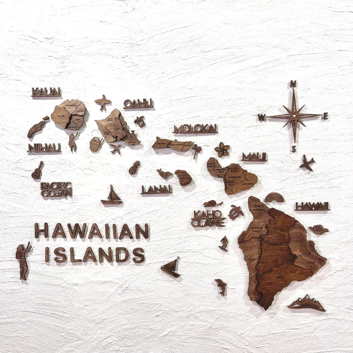 3D Wood Hawaiian Islands Map 壁掛け木製ハワイ諸島地図【翌日出荷】
