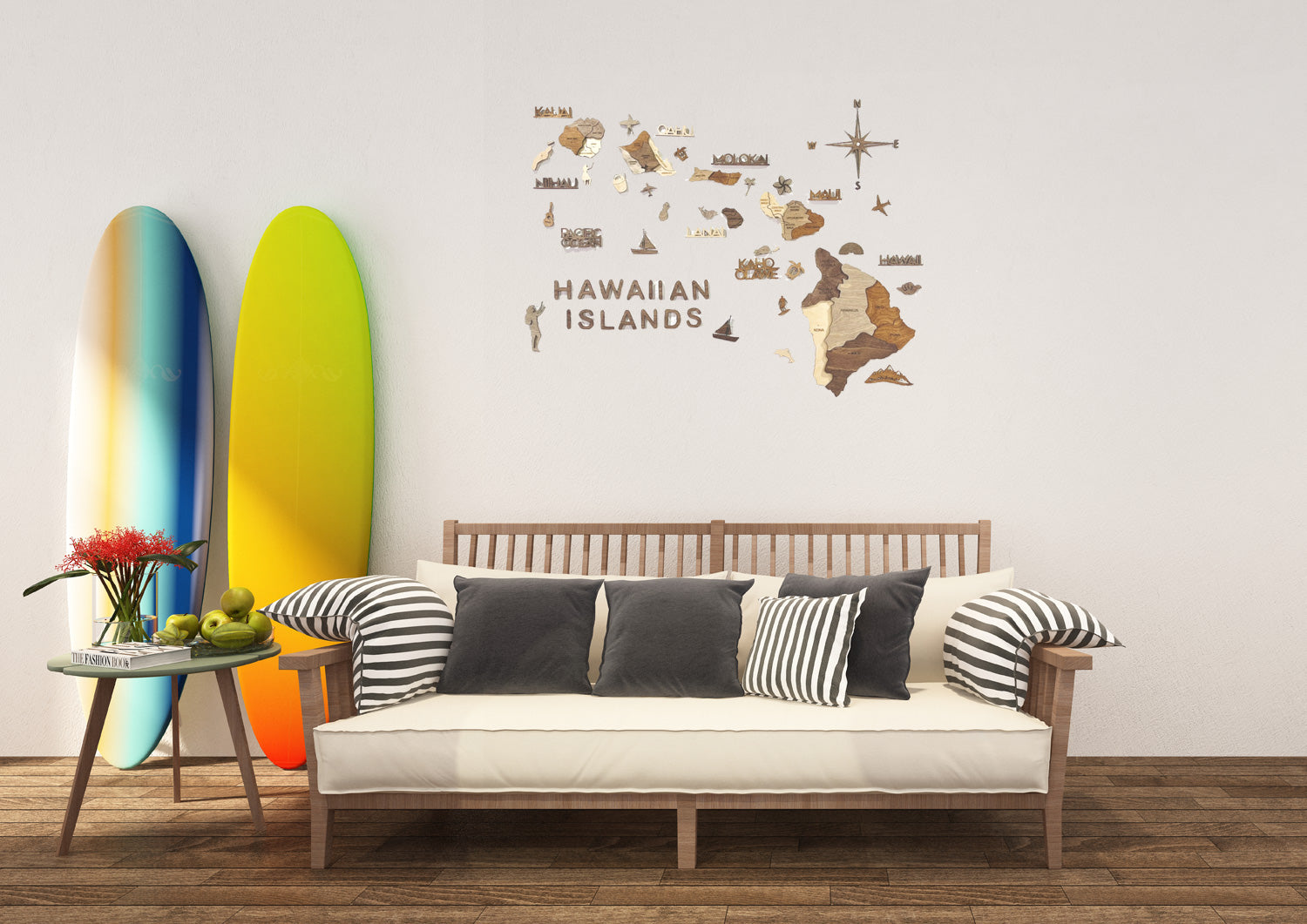 3D Wood Hawaiian Islands Map 壁掛け木製ハワイ諸島地図【翌日出荷】