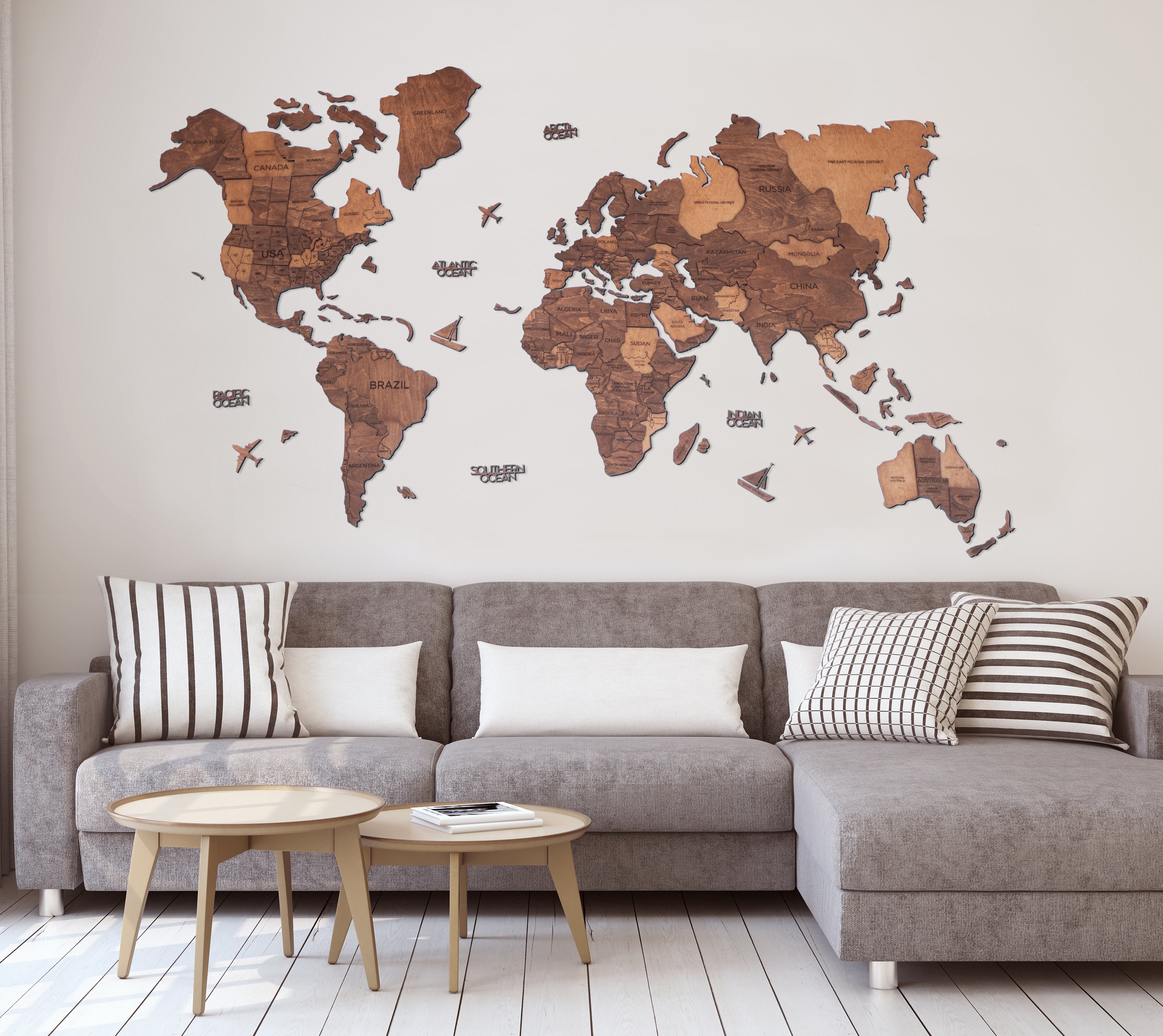 3D Wood World Map オークカラー 壁掛け木製世界地図【翌日出荷】