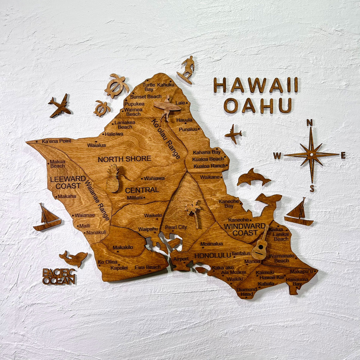 3D Wood Hawaii Oahu Map 壁掛け木製ハワイ地図【翌日出荷】