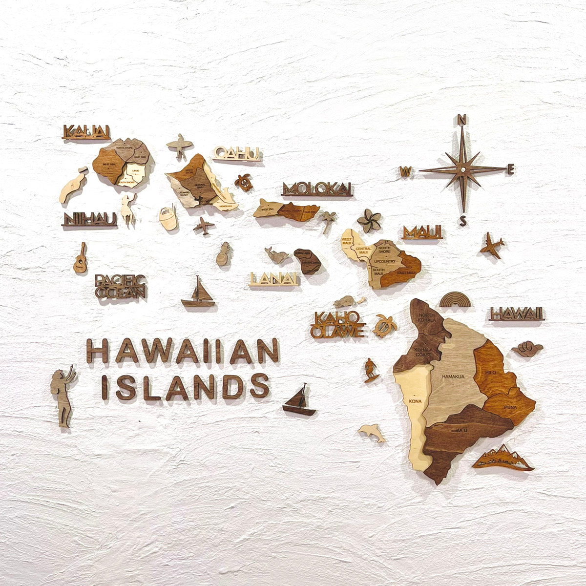 3D Wood Hawaiian Islands Map 壁掛け木製ハワイ諸島地図【翌日出荷】