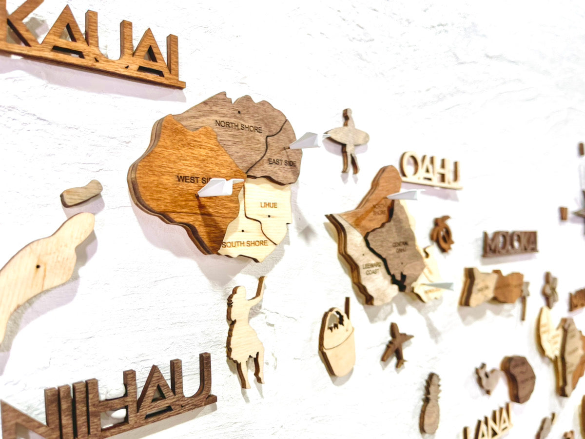 3D Wood Hawaiian Islands Map 壁掛け木製ハワイ諸島地図【翌日出荷】