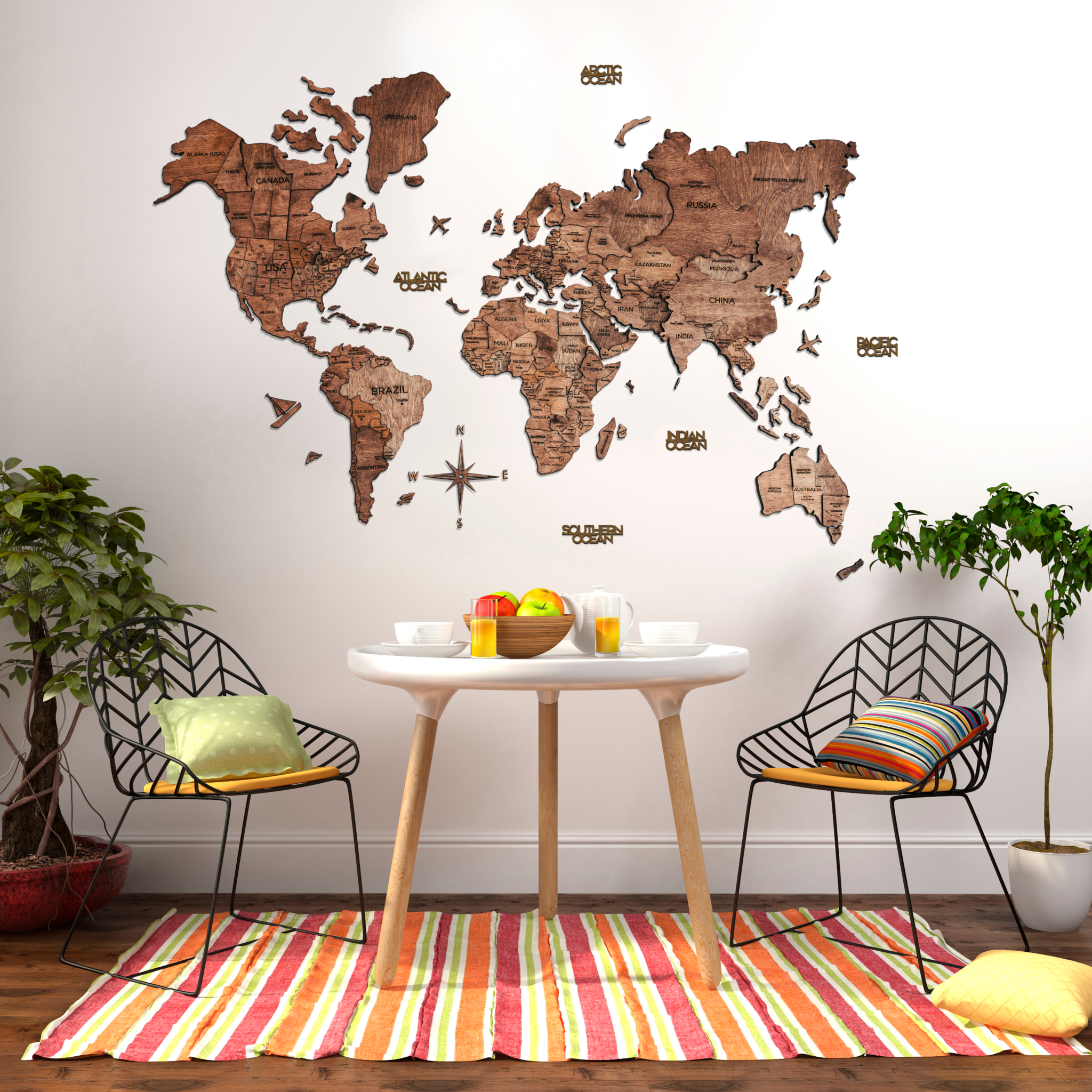 3D Wood World Map ダークウォルナット 壁掛け木製世界地図【翌日出荷】